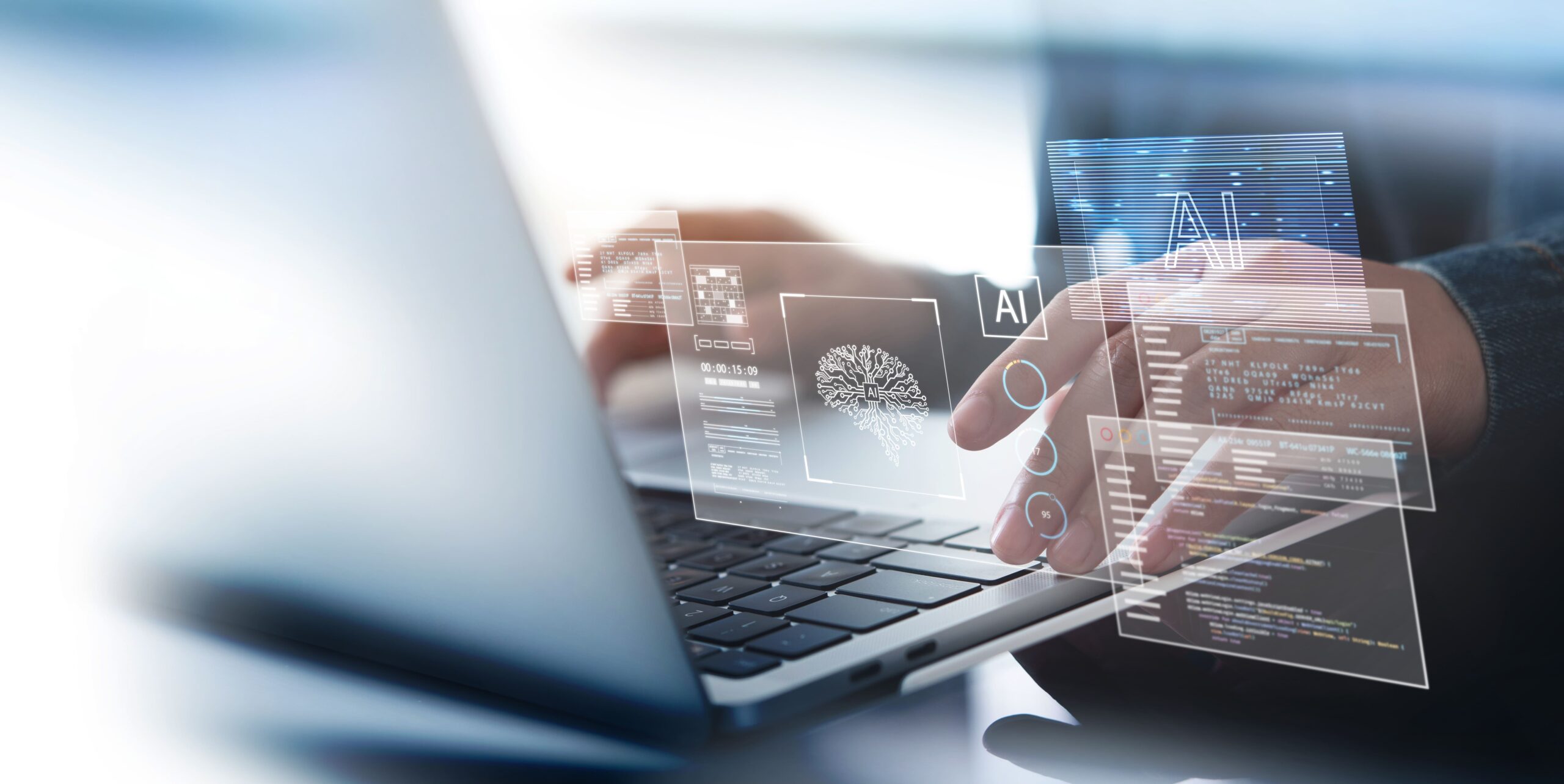 Person using AI-powered tools on a laptop, with holographic data interfaces representing artificial intelligence in drug development.