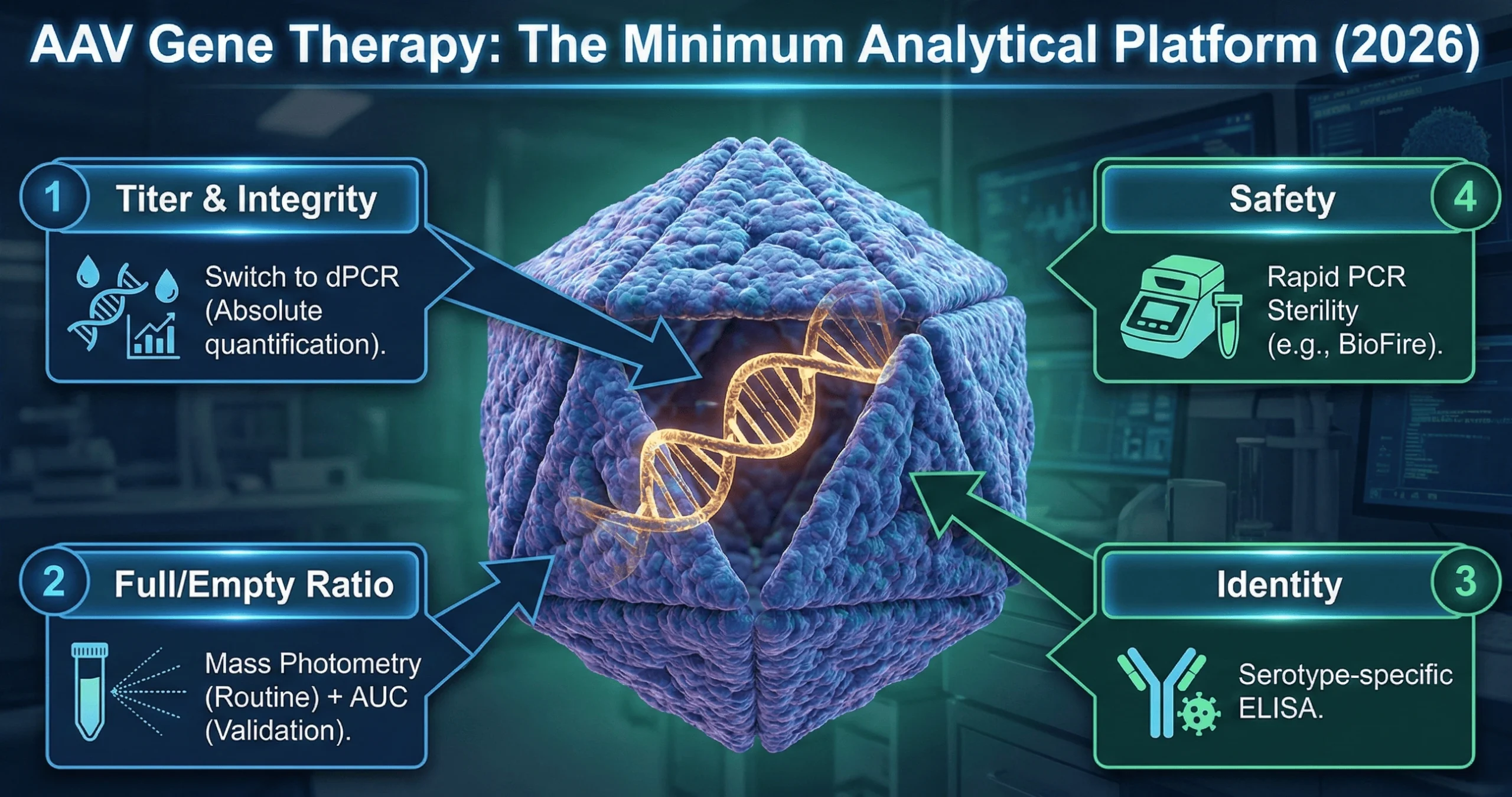 Infographic depicting the minimum analytical platform for AAV gene therapy, highlighting four critical quality attributes: titer and integrity using dPCR, full-to-empty ratio via mass photometry and AUC, serotype-specific identity testing with ELISA, and rapid PCR-based sterility methods.