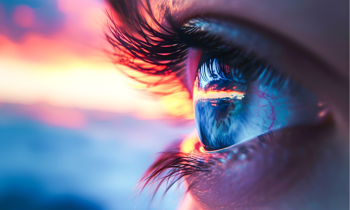 Close-up of a human eye reflecting a colorful horizon, symbolizing the future of ophthalmic therapies and the evolving $79.4B eye-care landscape