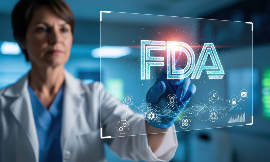 Medical professional interacting with a digital interface displaying FDA and healthcare data icons representing regulatory strategy and device approval