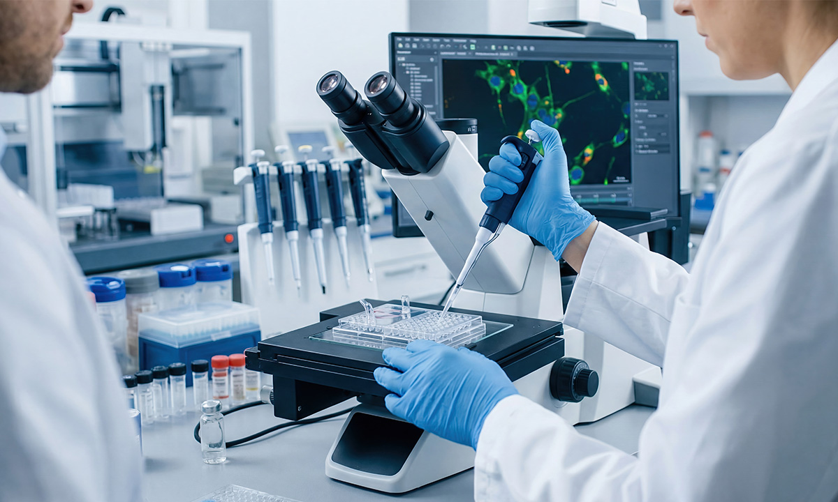 Scientist using pipette and microscope to analyze biologic samples for biosimilar analytical similarity testing