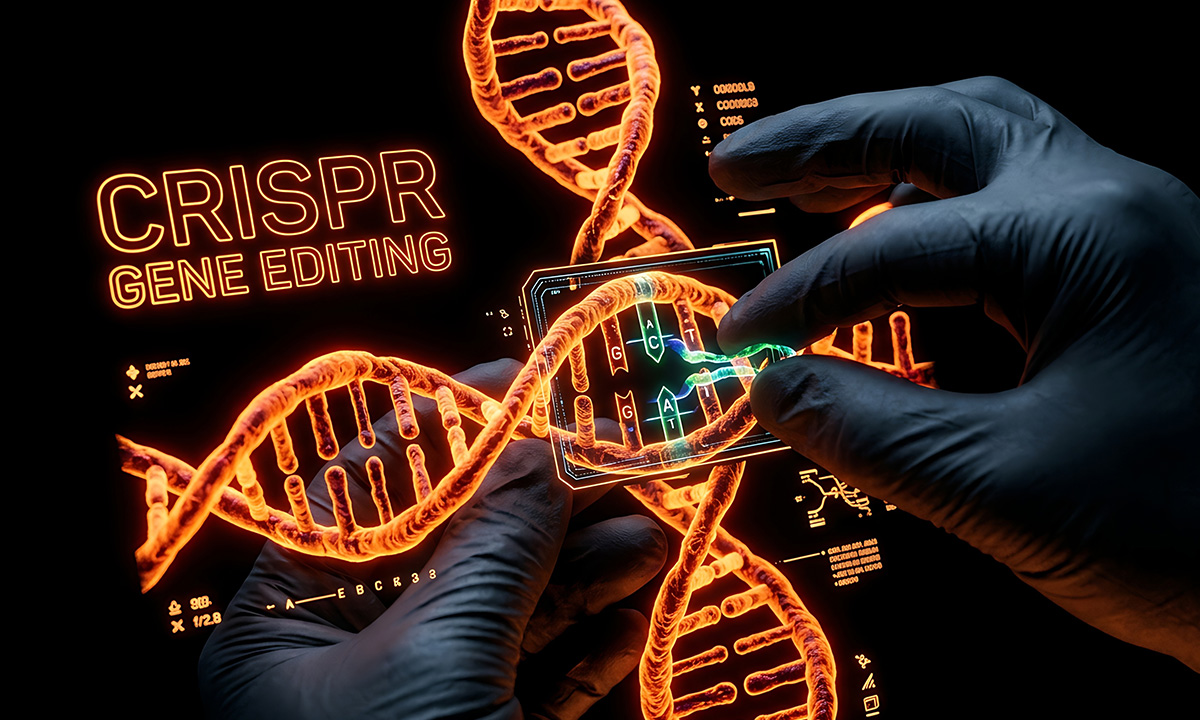 Digital CRISPR gene editing technology showing DNA strands and genome modification for advanced cell and gene therapy development.