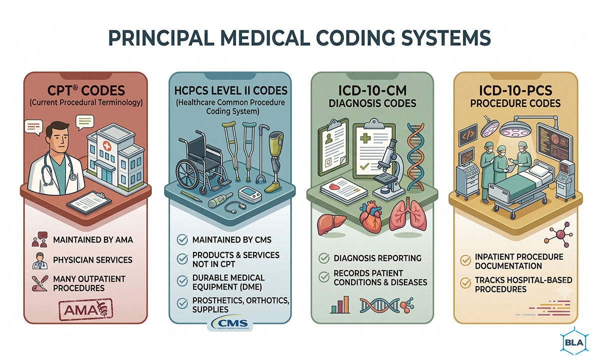 Infographic showing major U.S. medical coding systems including CPT, HCPCS Level II, ICD-10-CM, and ICD-10-PCS.