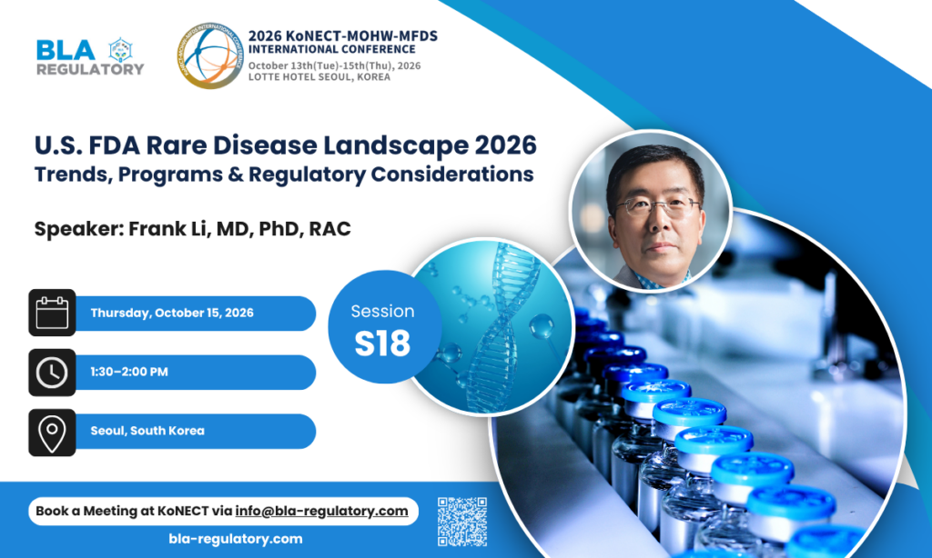 Dr. Frank Li of BLA Regulatory will speak at 2026 KIC in Seoul on October 15, sharing recent FDA regulatory updates and evolving approaches to rare disease drug development.