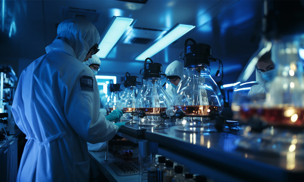 Scientists collaborating in a pharmaceutical research laboratory to advance a first-in-human drug development program.