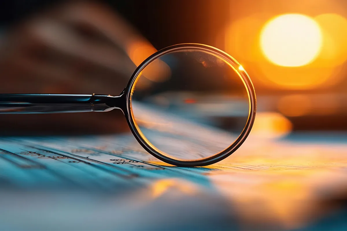 Close-up of a magnifying glass on clinical trial documents, symbolizing the scrutiny of protocol deviations, regulatory compliance, and data accuracy in clinical research.
