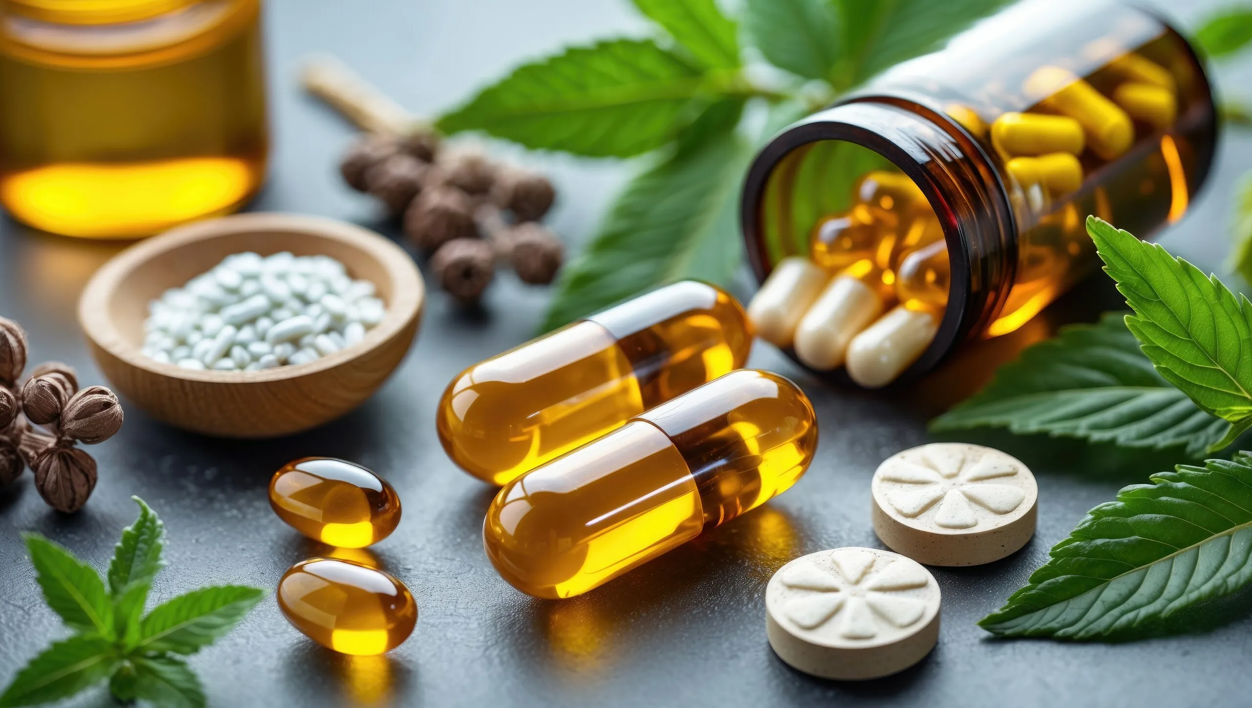 Capsules, tablets, and soft gels displayed with herbal leaves and natural extracts, symbolizing botanical drug development and plant-based medicine research.